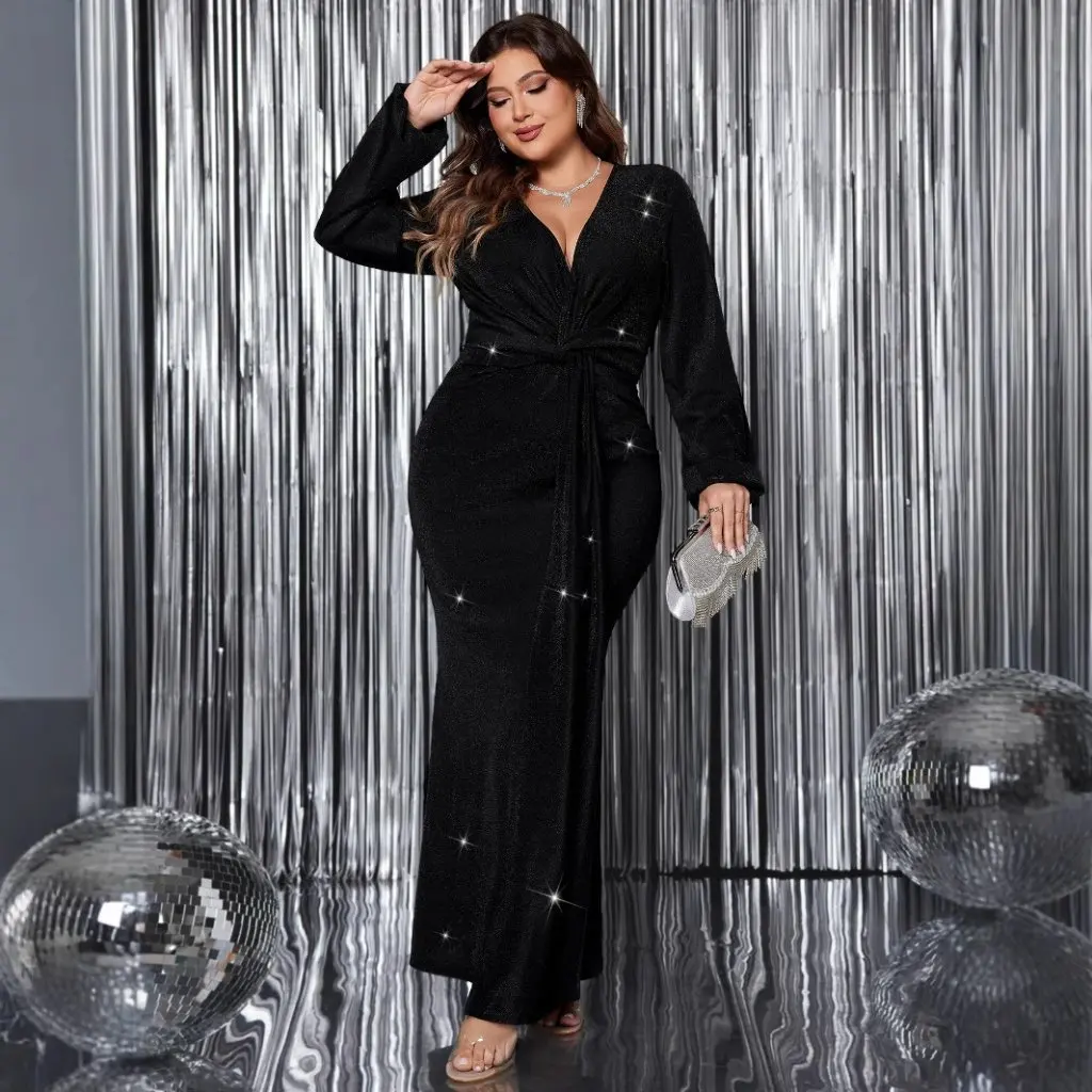 Abito da sera con scollo a V taglie forti Abito da banchetto a coda di pesce dimagrante elegante a maniche lunghe per donna Autunno Inverno Nuovo arrivo
