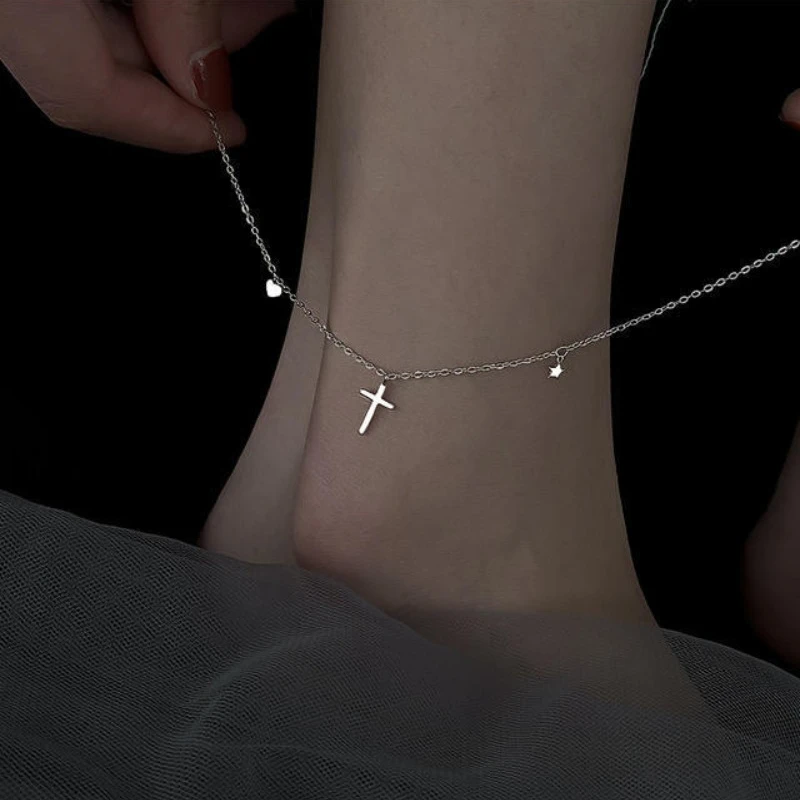 Monkton 925 Sterling Silver Summer Cross Infinite Drop Design Feet Chain  Anklets For Women ankle bracelet Simple Jewelry