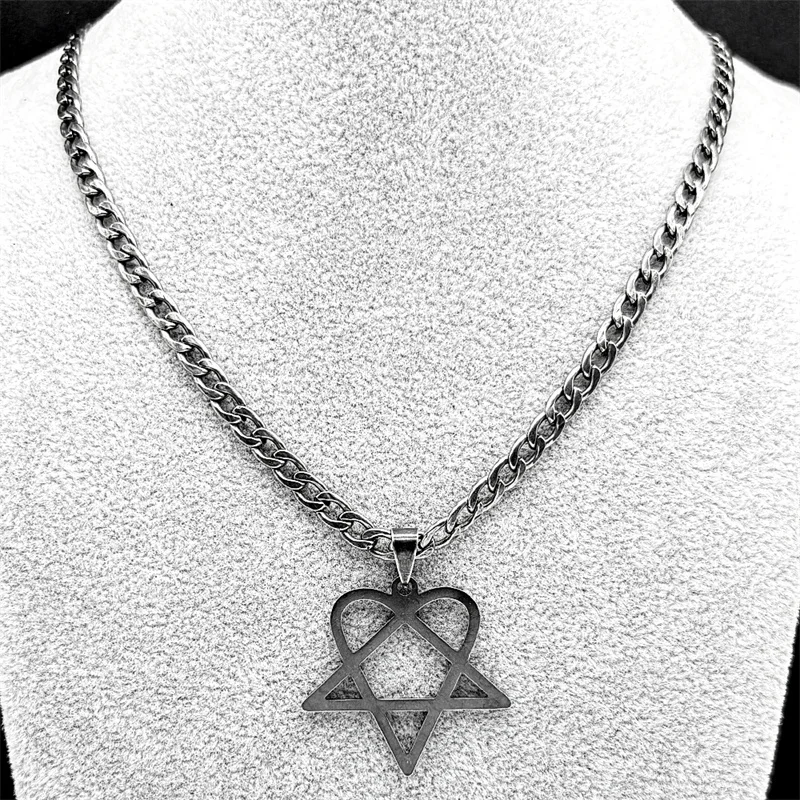 Goth Heartagram Stern Anhänger Halskette für Frauen Männer Edelstahl Gun Black Rock Musik Band HIM Fans Hip Hop Kette Schmuck – Detail 5