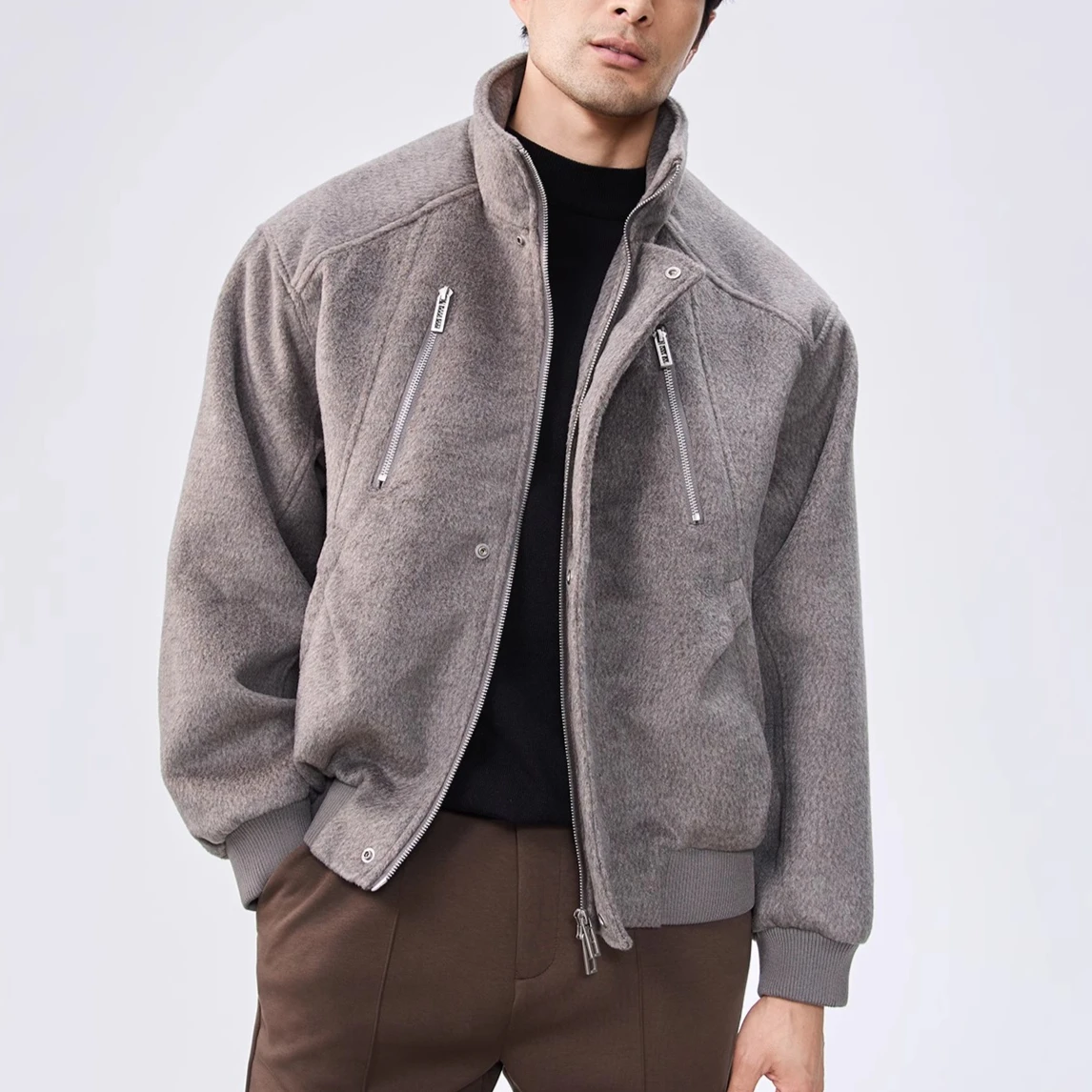 

Зимняя шерстяная куртка в британском стиле с двойной молнией и воротником-стойкой для мужчин, свободное толстое теплое шерстяное пальто, повседневные деловые куртки