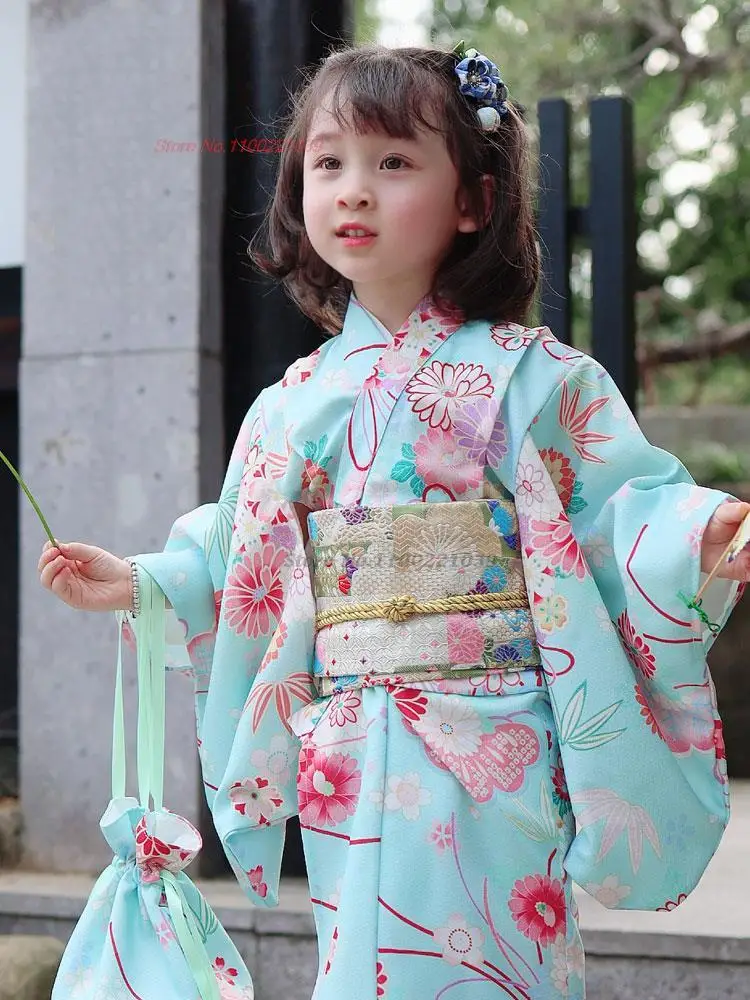 2024 japanese traditional yukata kimono children evening dress geisha flower print kimono dress festival show cosplay costume