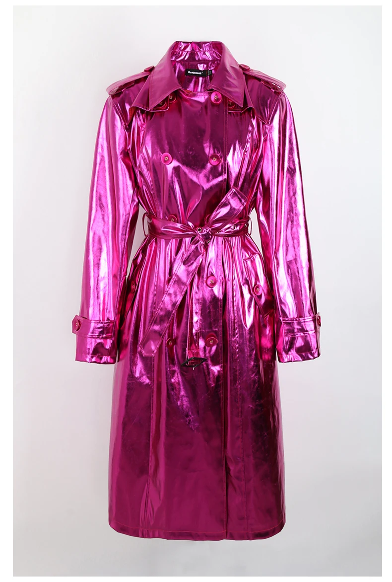 Nerazzurri Spring Autumn Long Shiny Reflective Patent Leather Trench Coat for Women Sashes Double Breasted European Fashion 2022