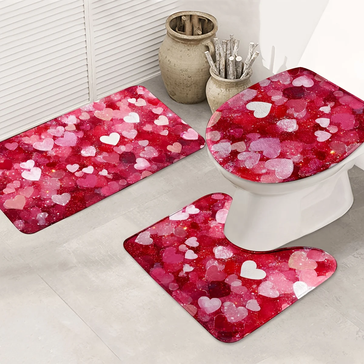 

Valentine's Day 3pcs Bathroom Mat Set - Non-Slip, Washable Floor Rugs for Kitchen, Bedroom & Bathroom Decor - Includes Bath Mat,