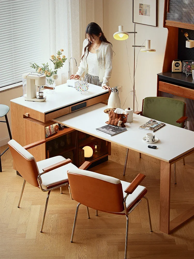 Solid wood island dining table integrated, rotatable rock slab household dining side cabinet, narrow Japanese-style