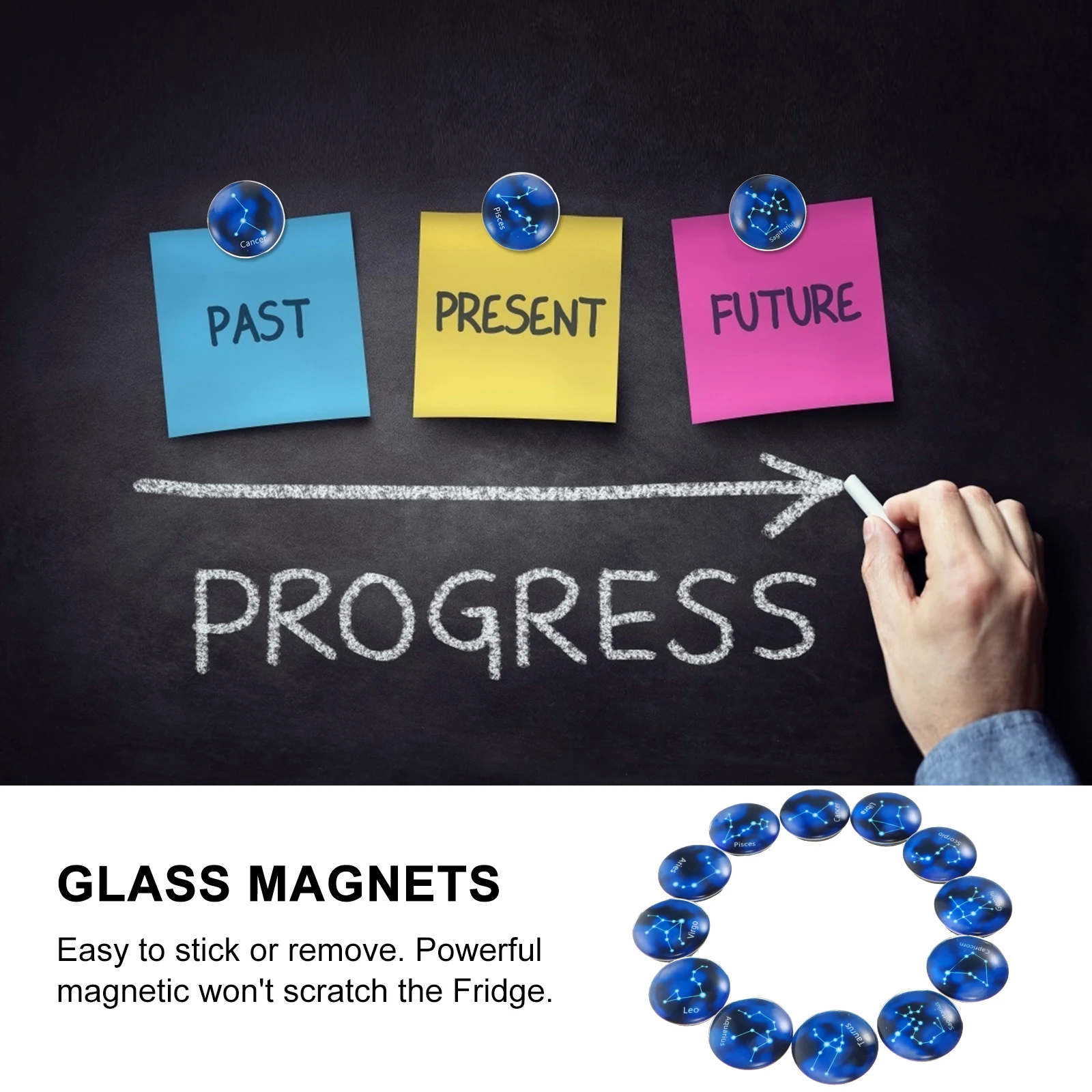 

12pcs Zodiac Magnetic Stickers Gemstone Glass Fridge Patches For Refrigerator Whiteboard Cabinet Decor Kids Gift Non-Slip