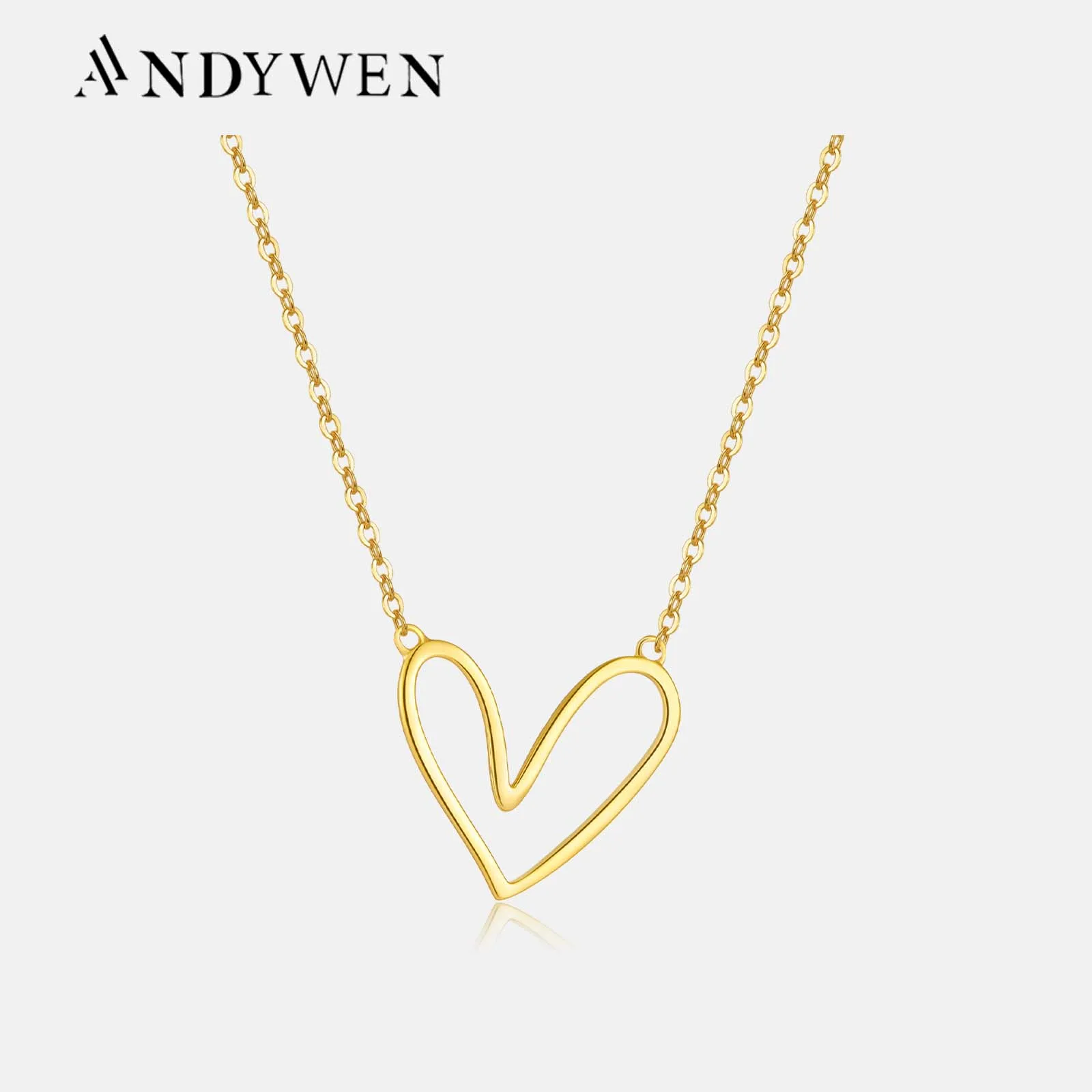 ANDYWEN 925 Sterling Silver Gold Plain Irregular Plain Heart Love Pendant Long Chain 2024 Party Fine Jewelry Spring Valentines