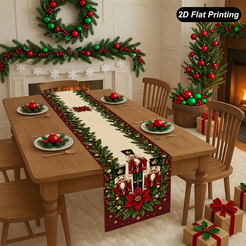 2D Flat Farmhouse Christmas Nutcracker Soldier Poinsettia Holly Table Runner Rectangular Xmas Table Centerpiece for Dining Table