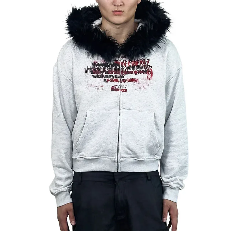 

Y2k Letter print Fashion trend Punk style Detachable fur collar Hoodie Gothic Harajuku Retro autumn winter Hiphop Casual Jackets
