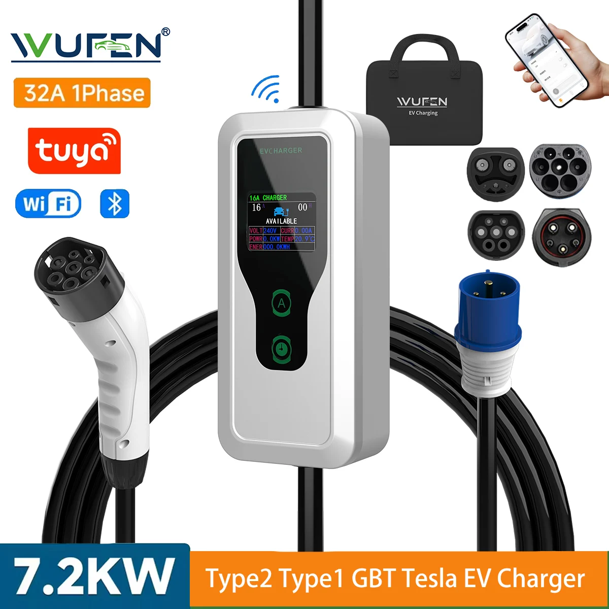 WUFEN J1772 Type2 GBT NACS 1Phase 32A 7KW Portable Charger 5M Wi-Fi Bluetooth Tuya APP Control EVSE Box for Home & Outdoor Use