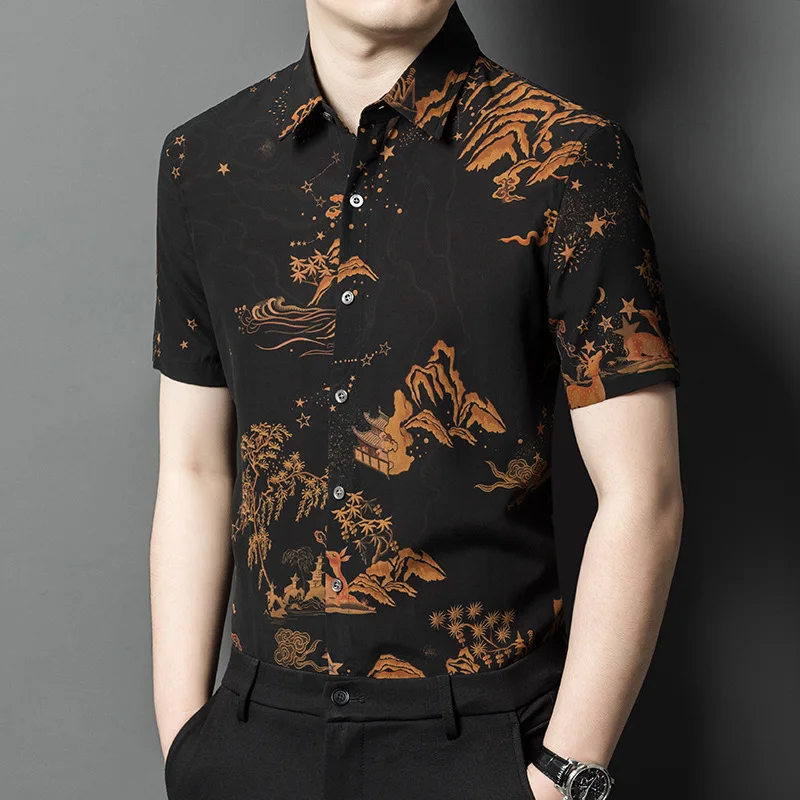 High Quality Real Silk Summer New Xiangyun Yarn Short Sleeve Shirt Youth Business Casual Thin Jacquard
