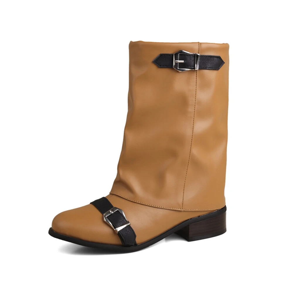 

Fashion Retro Western Style Autumn Winter Short Boots Low Thick Heel Women Boots Mid Calf Pleated Pile Boots Plus Size 47 777-3