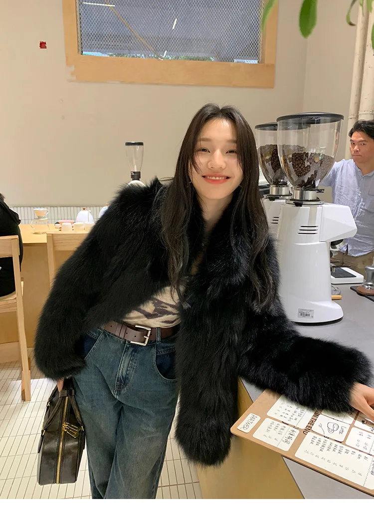 Women Faux Fox Fur Coats Solid Fur Jackets Cotton Linen Haf High Collar Long Sleeves Open Stitch Loose Casual 2026 Autumn Winter