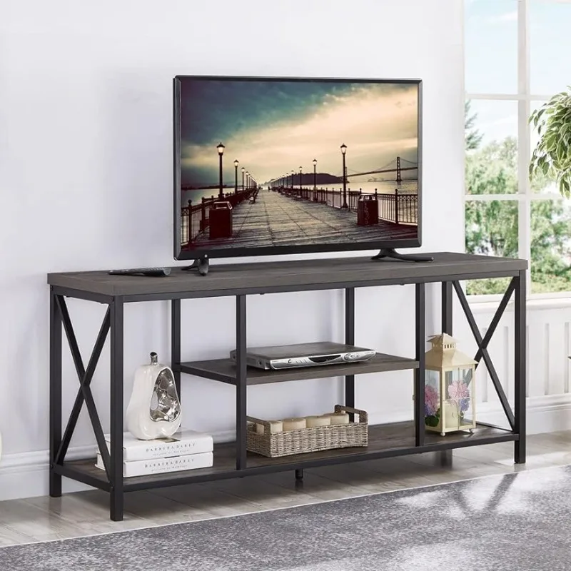55 inch TV Stand for TV up to 65 inch, Rustic Wood and Metal Media TV Console Table for Living Room,