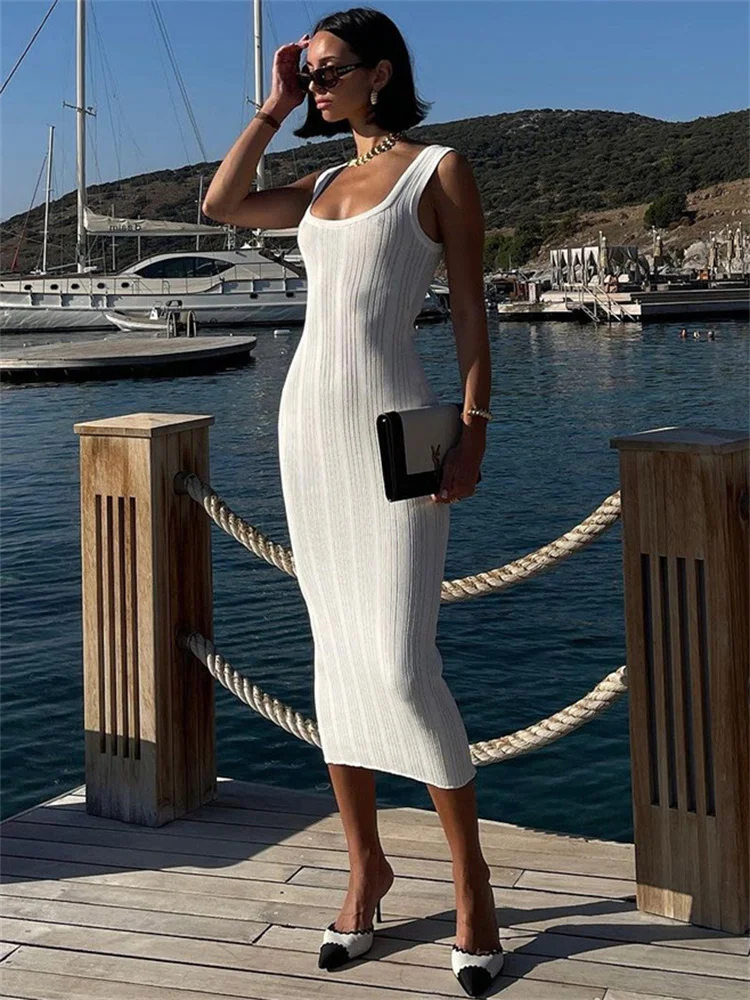White Knitwear Fashion Maxi Dress Women's Patchwork Elegant Strapless Ribbed Party Dress Knit High Waist Ladies Long Dress