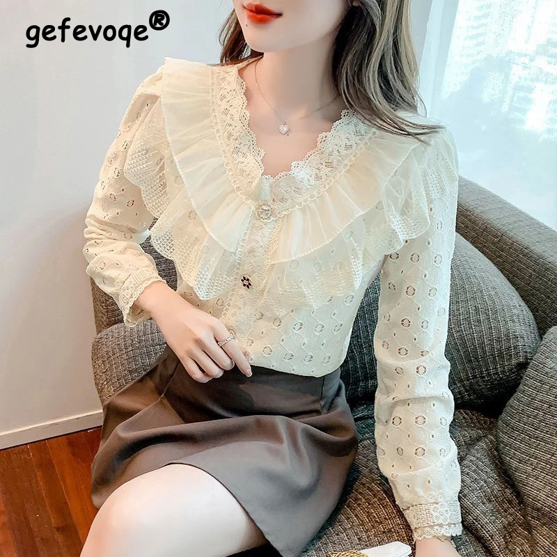 Women\'s Fashion Ruffles Embroidery Lace Hollow Out Button Up Shirt Fairy Sweet Chic Blouse Female Casual V Neck Long Sleeve Tops