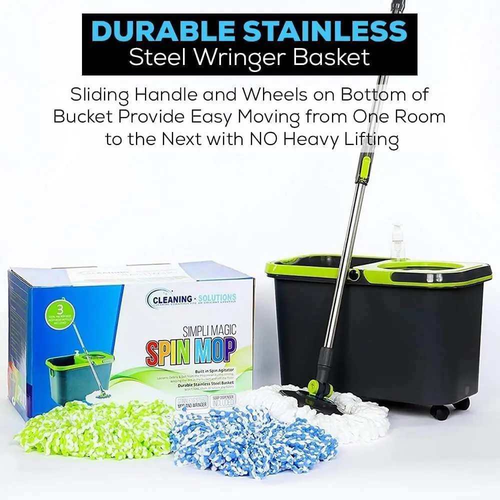 Simpli-Magic Premium Spin Mop Cleaning Bucket Set with 3 Microfiber Mop Heads Included