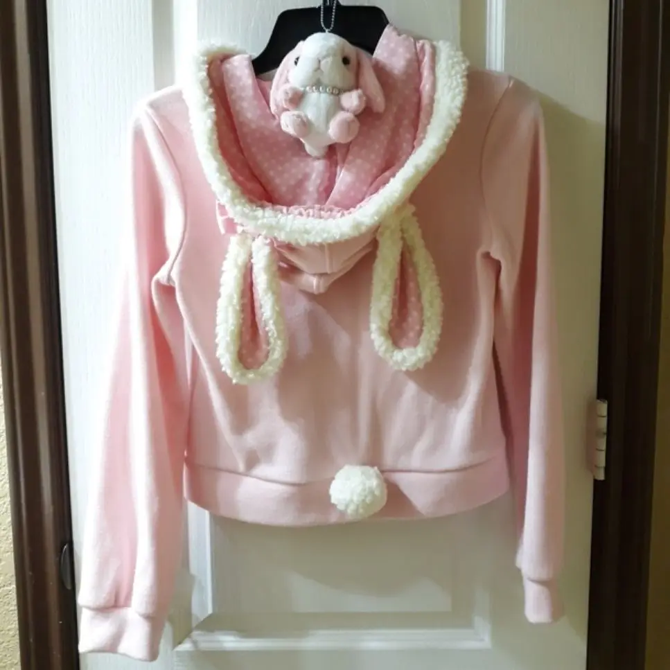 Cute Pink Girl's Style Short Jacket with Lamb Fur Rabbit Ear Hood Open Cardigan Lace  Knot Slim Fit Outerwear