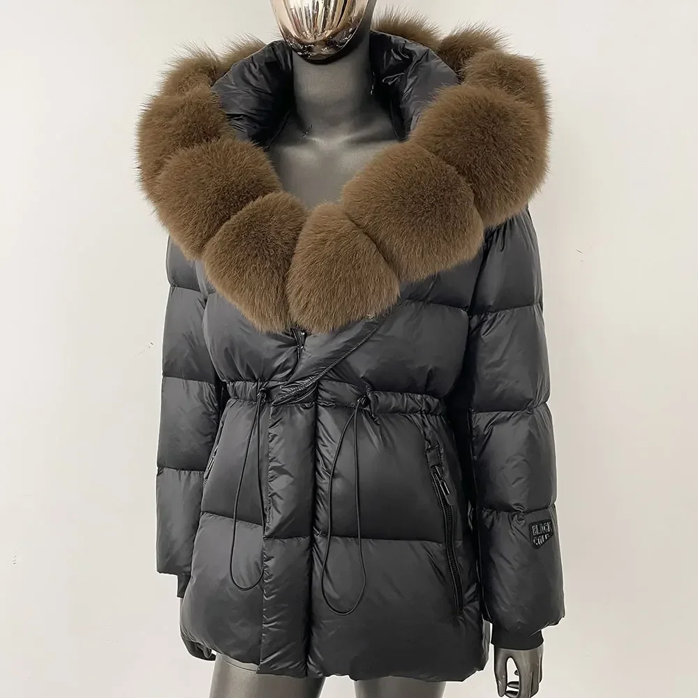 

Winter Real Fur Coat 2025 New Natural Thick Warm Real Big Fox Fur Collar Belt Loose Puffer Parka White Goose Down Jacket Women