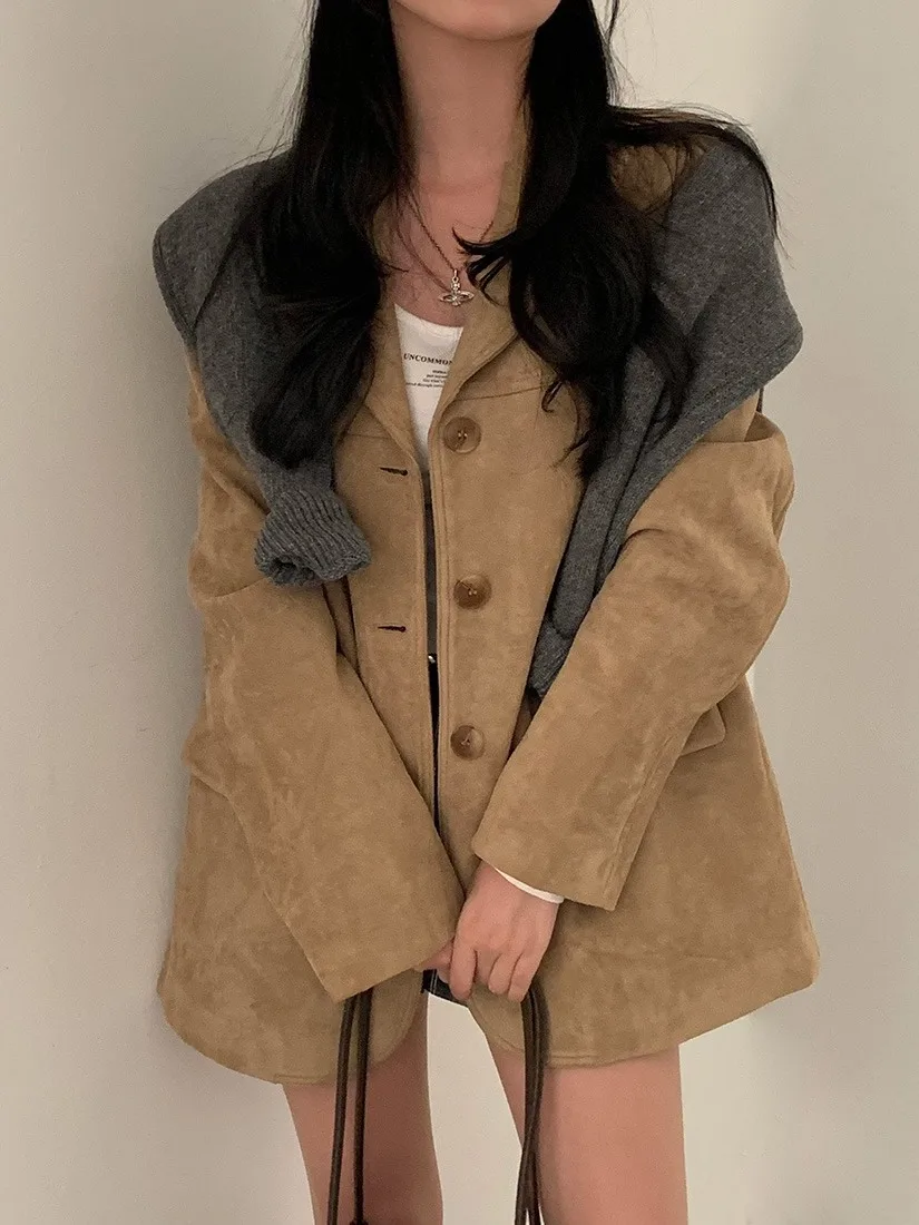 

Ретро-костюм из замши, женский, в корейском стиле, с одной пуговицей, с лацканами, модный, для повседневной носки, прямой крой, удлиненный пальто-миди