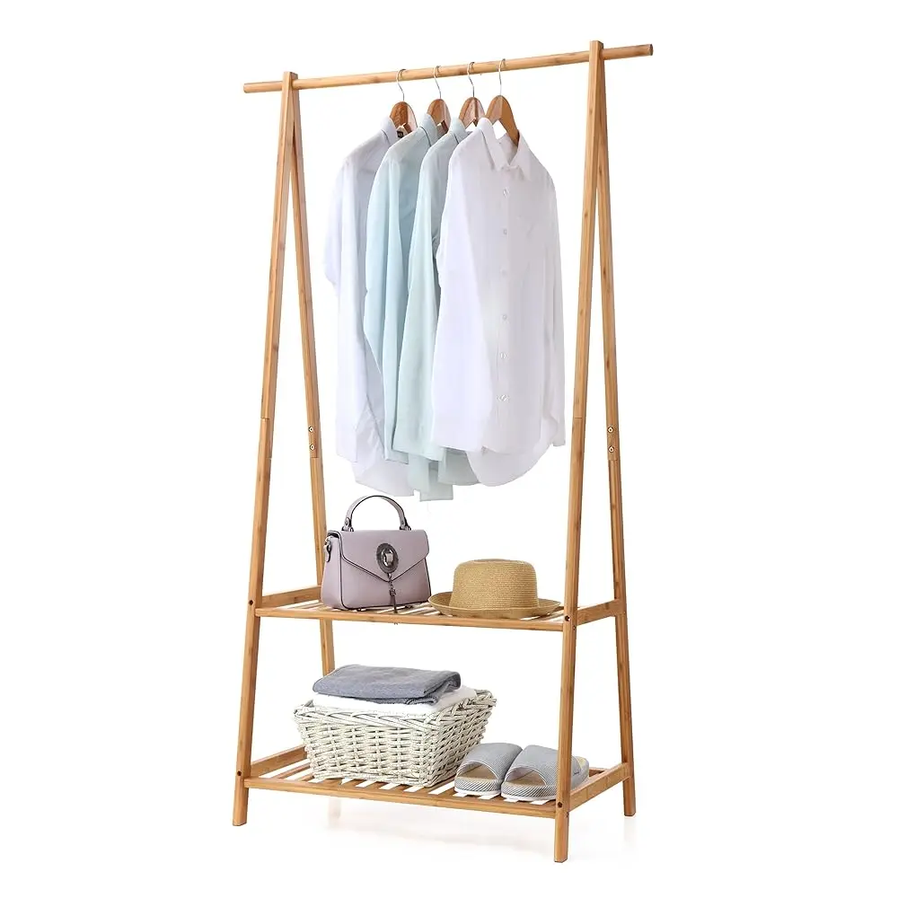 

Bamboo Clothes Ra Portable Extra Large Garment Ra 2-Tire Storage Box Shelves For Entryway And Bed Room Patented Design