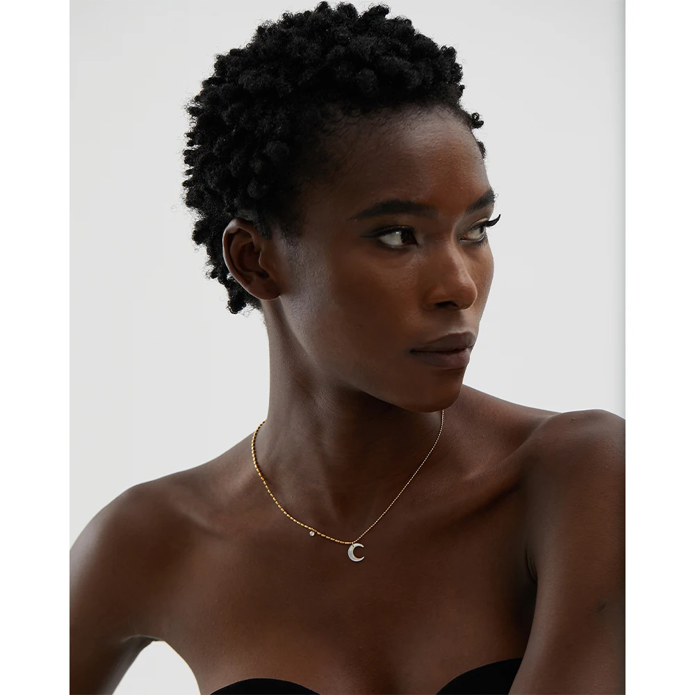 Yhpup Stainless Steel White Shell Moon Pendant Chic Necklace Unique Gold Color Beads Chain Zircon Collar Charm Delicate Jewelry