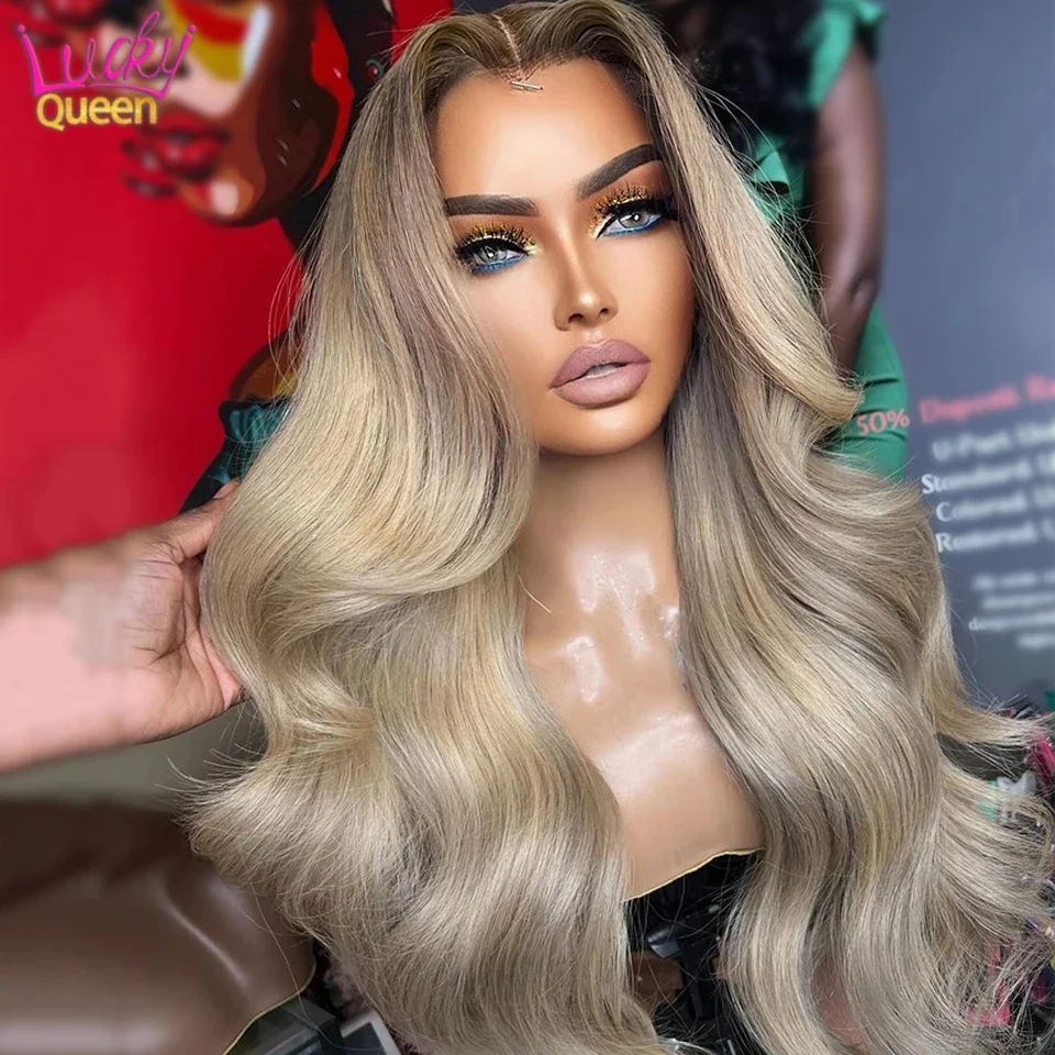 Ombre Ash Blonde 13x6 Lace Frontal Human Hair Wigs For Women Transparent Lace Brazilian Remy Hair 180 Density Body Wave Wigs