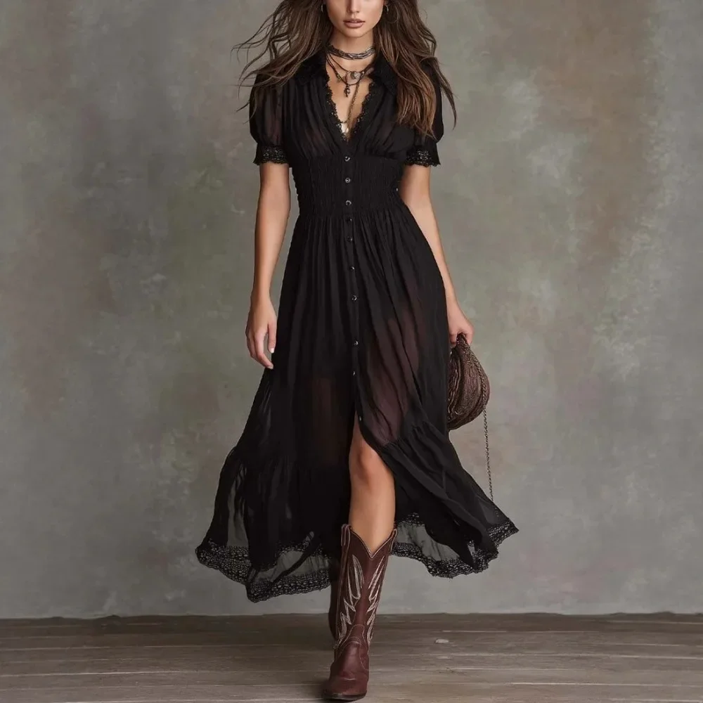 Women Spring Summer V-Neck Ruffle Hem Flared Maxi Dress Elegant Waist Cinched Dress