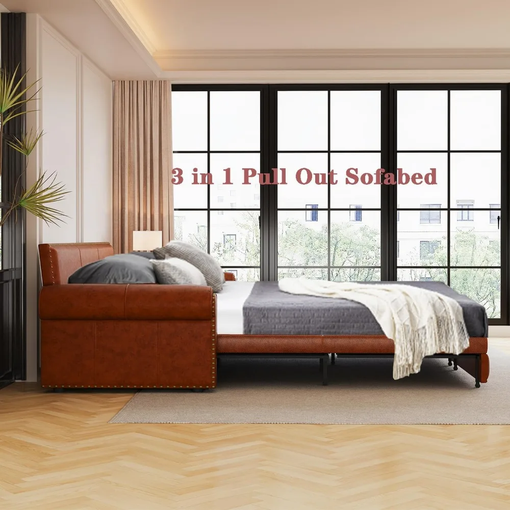 أريكة نوم من الجلد باللون البني الفاتح مقاس 3 مقاعد مع سرير قابل للسحب وميزات قابلة للتحويل 3 في 1 #2