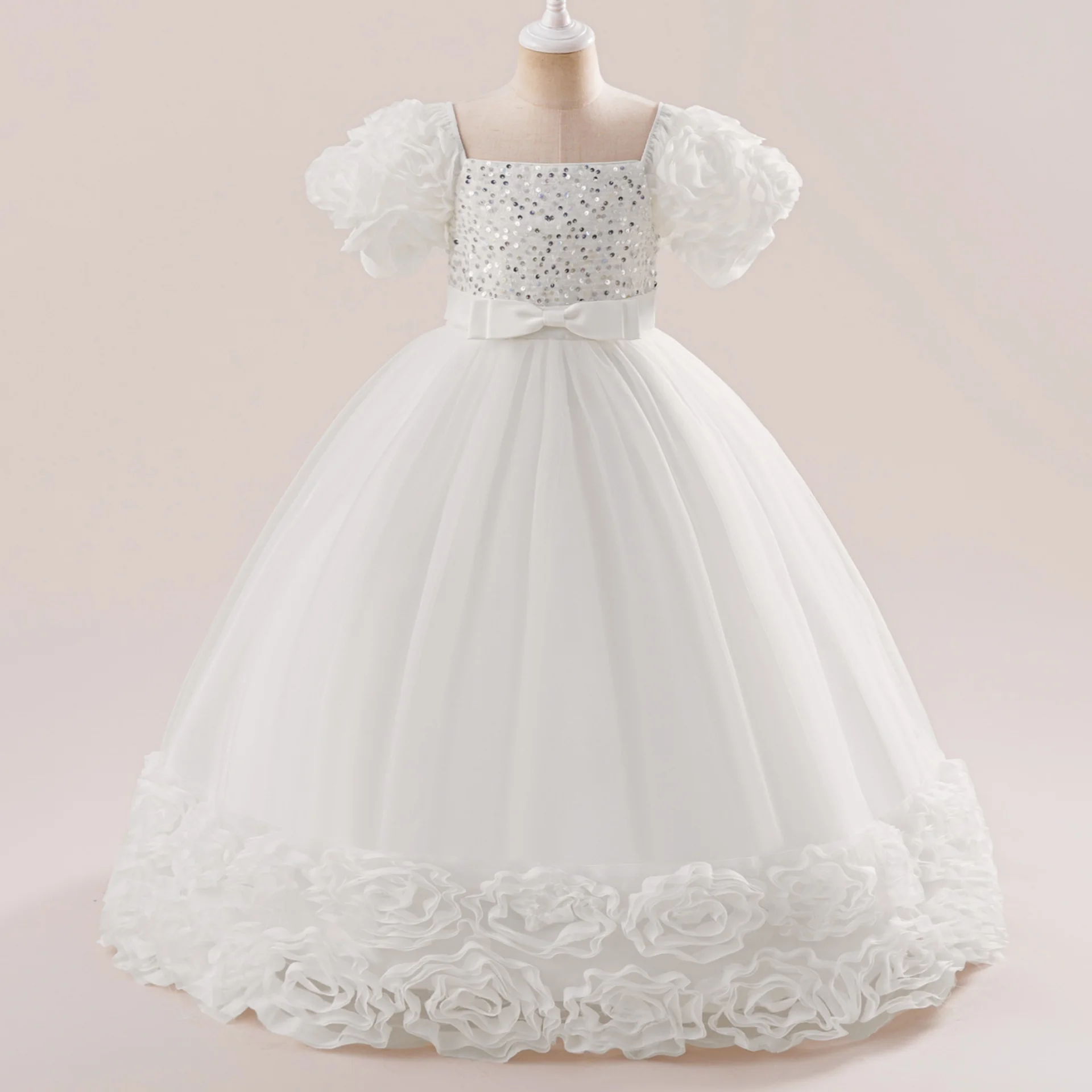 New Girl's Flower Bud Sequin Bow Mesh Bubble Sleeves Long Princess Dress Christmas Halloween School Party Fashion Dress