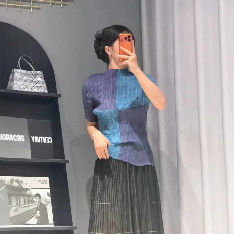 Miyake Pleated 2026 New Pleated Half-High Collar Color-Block T-Shirt for Women Square Texture Slim Fit Short Sleeve Top Pleat