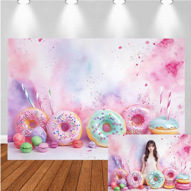 LS Photography Background Pink Doughnut Graffiti Gradient Decor Birthday Cake Smash Baby Shower Kids Portrait Photo Backdrop