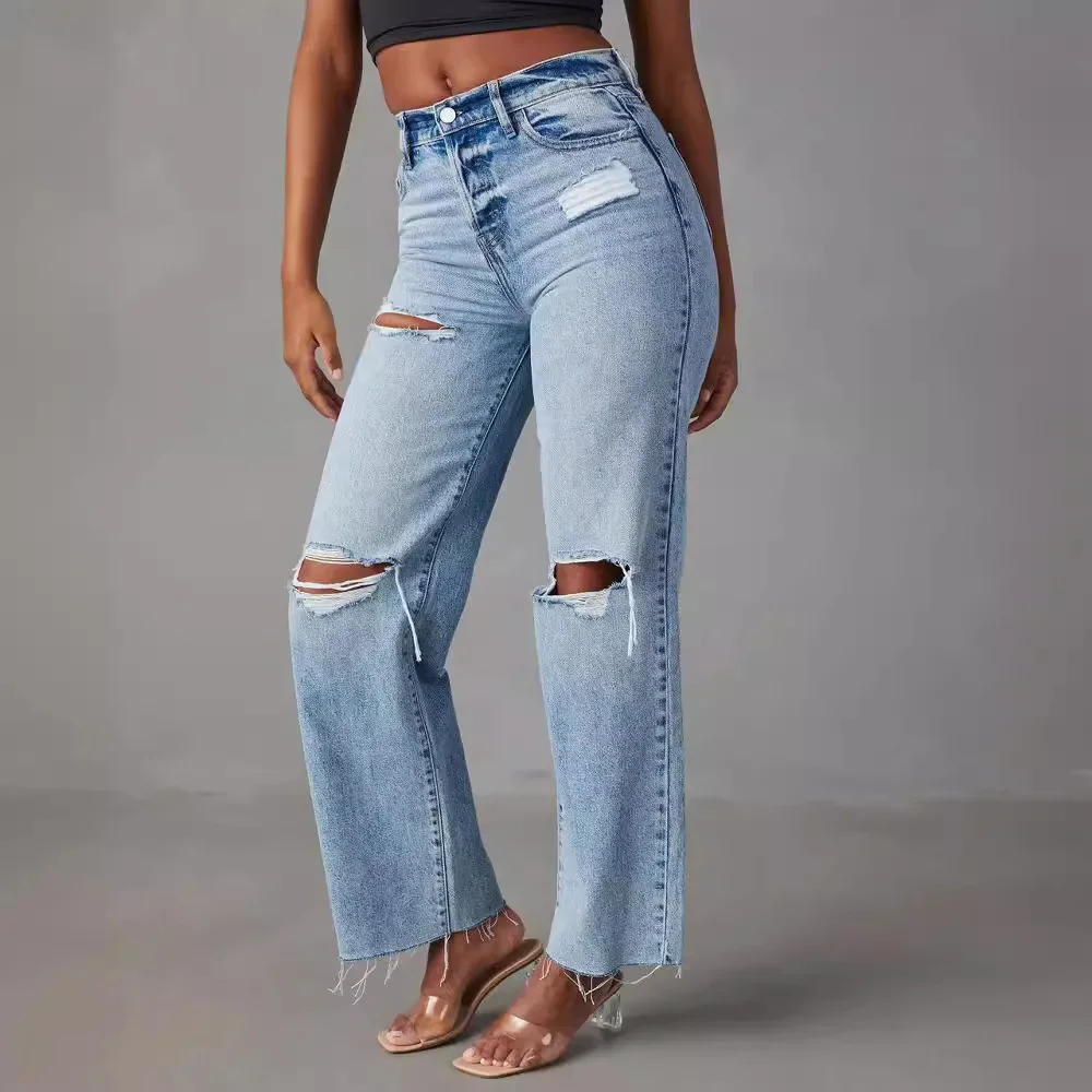 Mulheres mãe jeans lápis calça calças compridas oco para fora azul elegante cintura alta elegante perna larga streetwear y2k denim calças 2024