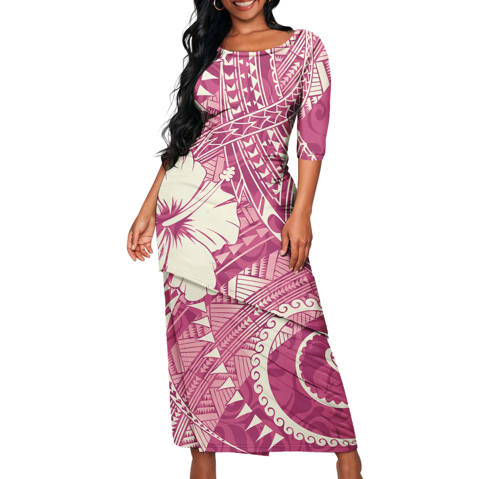 

Lady Short Sleeve Dress Women Two Piece Set Polynesian Summer Islander Puletasi Samoa Dresses Tribal Hawaiian