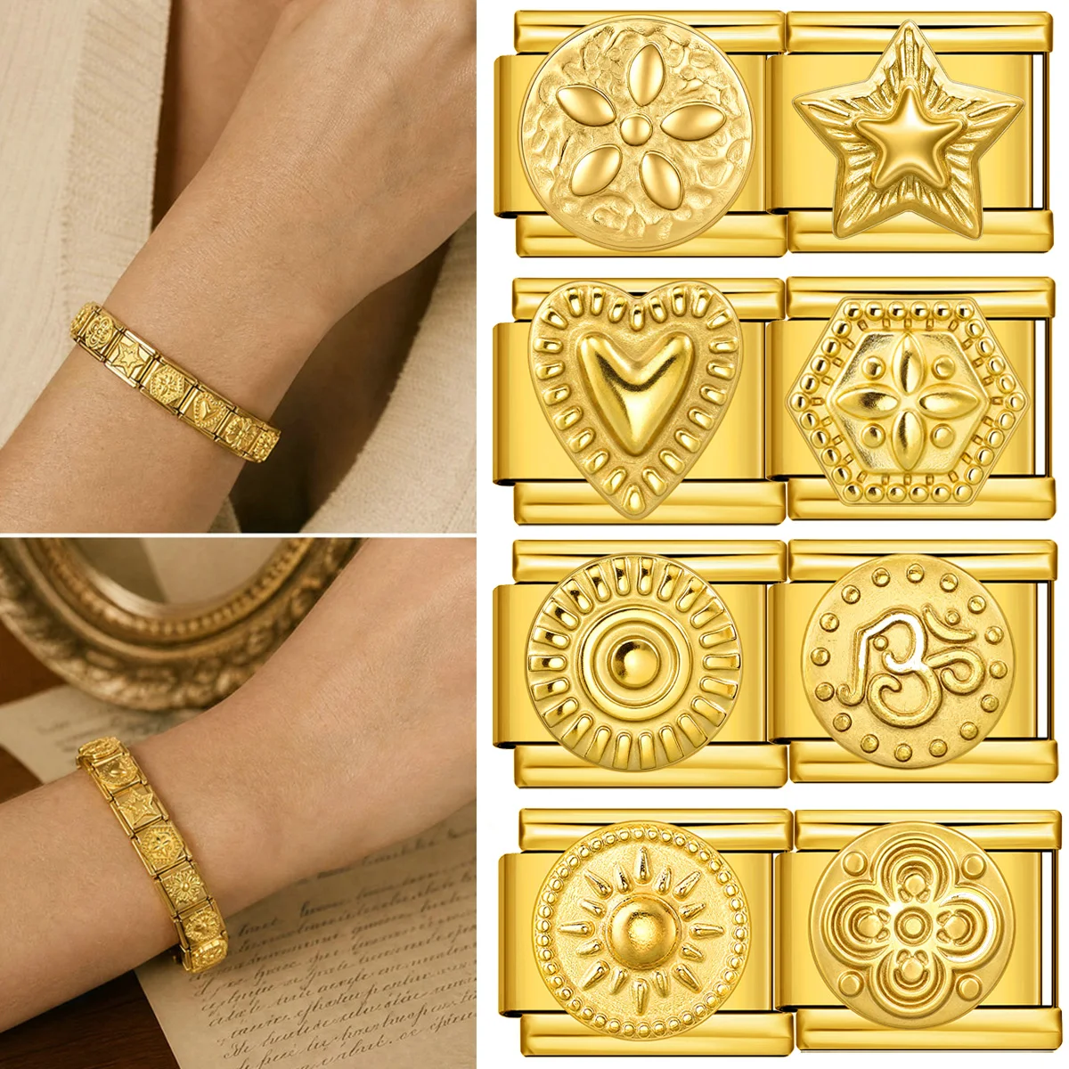 URING Romantischer Retro-Blumen-Herz-Stern-Edelstahlschmuck, italienischer Charm-Glieder-Link, passend für 9-mm-Armbänder, DIY-Zubehör – Detail 1