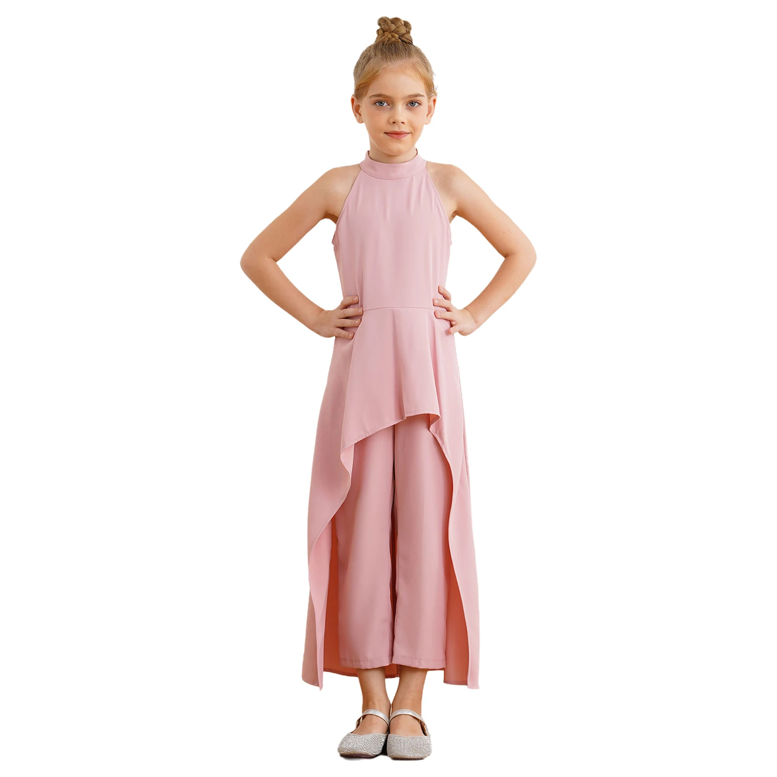 

Kids Girls High-Low Skirted Elegant Jumpsuits Sleeveless Rompers for Child Wedding Pageant Fancy Prom Birthday Party Costumes
