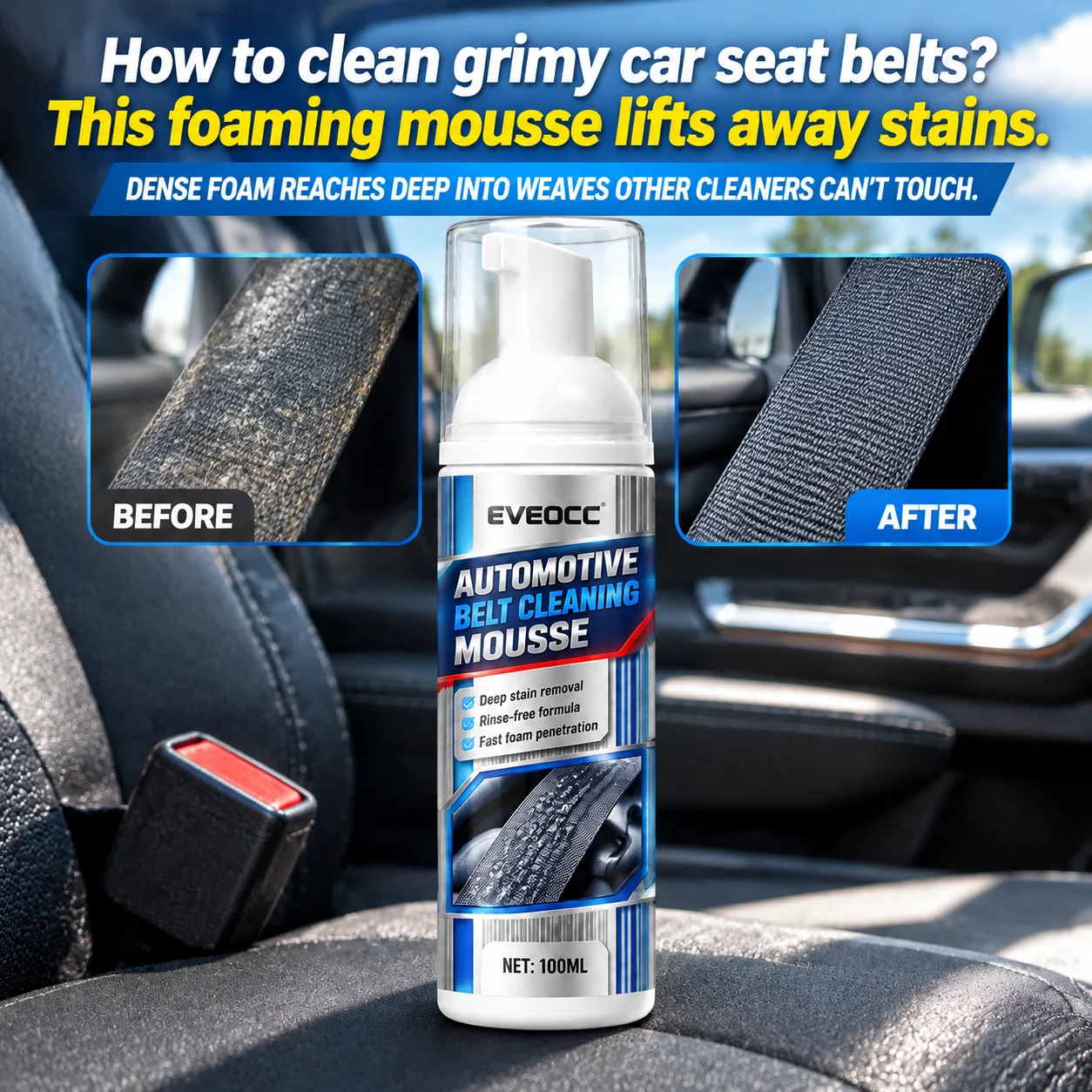 100ml Automotive Belt Cleaning Mousse Rinse-Free Formula Fast Penetration Car Seatbelt Cleaner