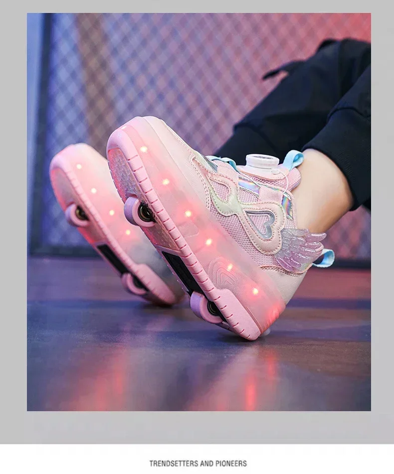 Children Two Girls Wheels Luminous Glowing Sneakers Heels Pink Led Light Roller Skate Shoes Kids Led Shoes USB Charging