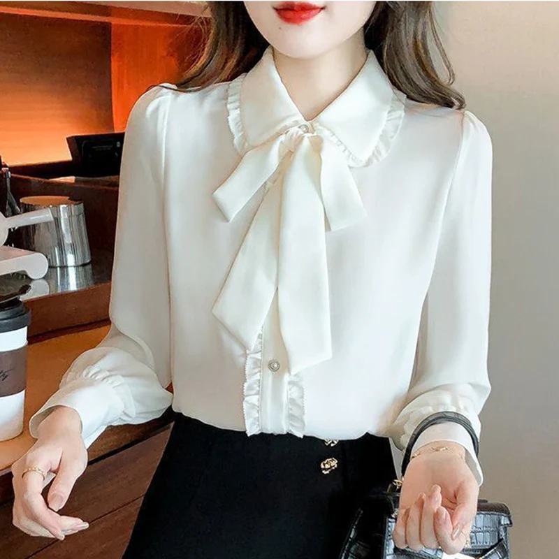 

Lace Up Bowknot White Blouses Women Turn Down Collar Shirt Woman Spring Autumn Single Breasted Long Sleeve Shirts Ladies