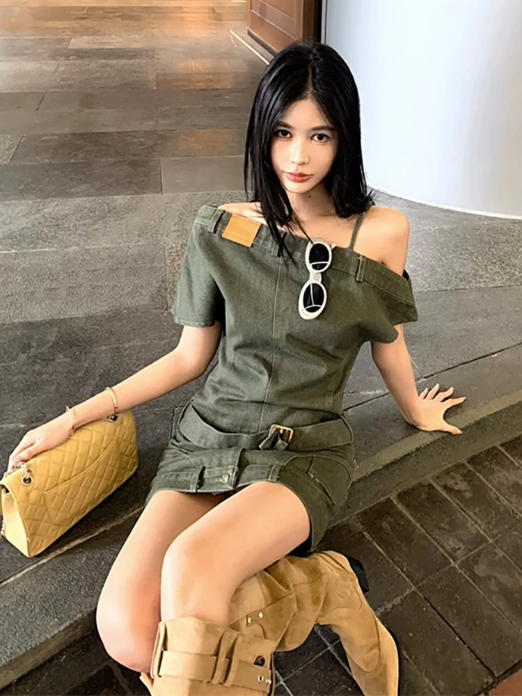 فستان قصير من RORORIRI Grayu مكشوف الأكتاف من قماش الدنيم للنساء بحزام عادي رأسًا على عقب فستان قصير ضيق ملابس خروج عتيقة #4