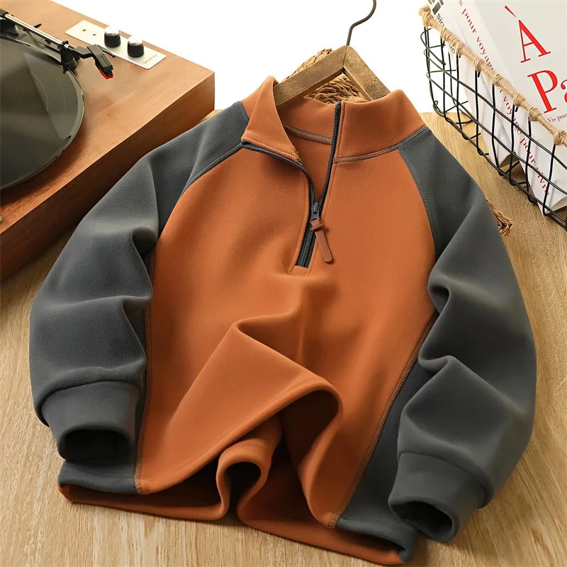 IYEAL Children's Autumn Winter Fleece Windproof Sweatshirt Young Boys' Stand Up Collar Half Zipper Knitted Long Sleeved Pullover