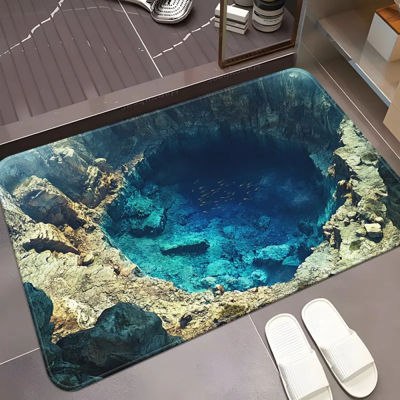 3D Blue Ocean Doormat Aerial View Clear Water Beach Print Vivid Nature Scene Mat for Bathroom and Entryway