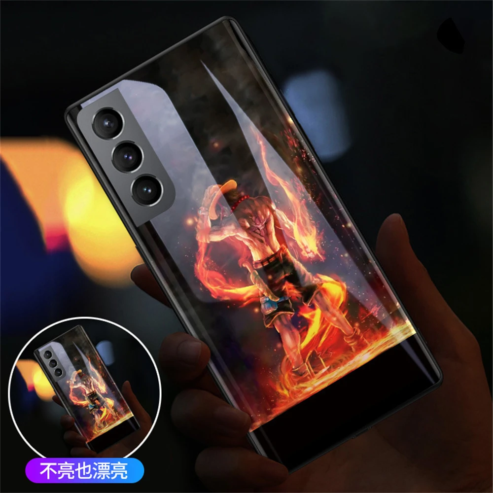 2023 Popular Japanese Anime Ocean Heroes Tempered Glass Phone Case With LED Light Up For Samsung Galaxy S23 S21 S22 Plus Ultra