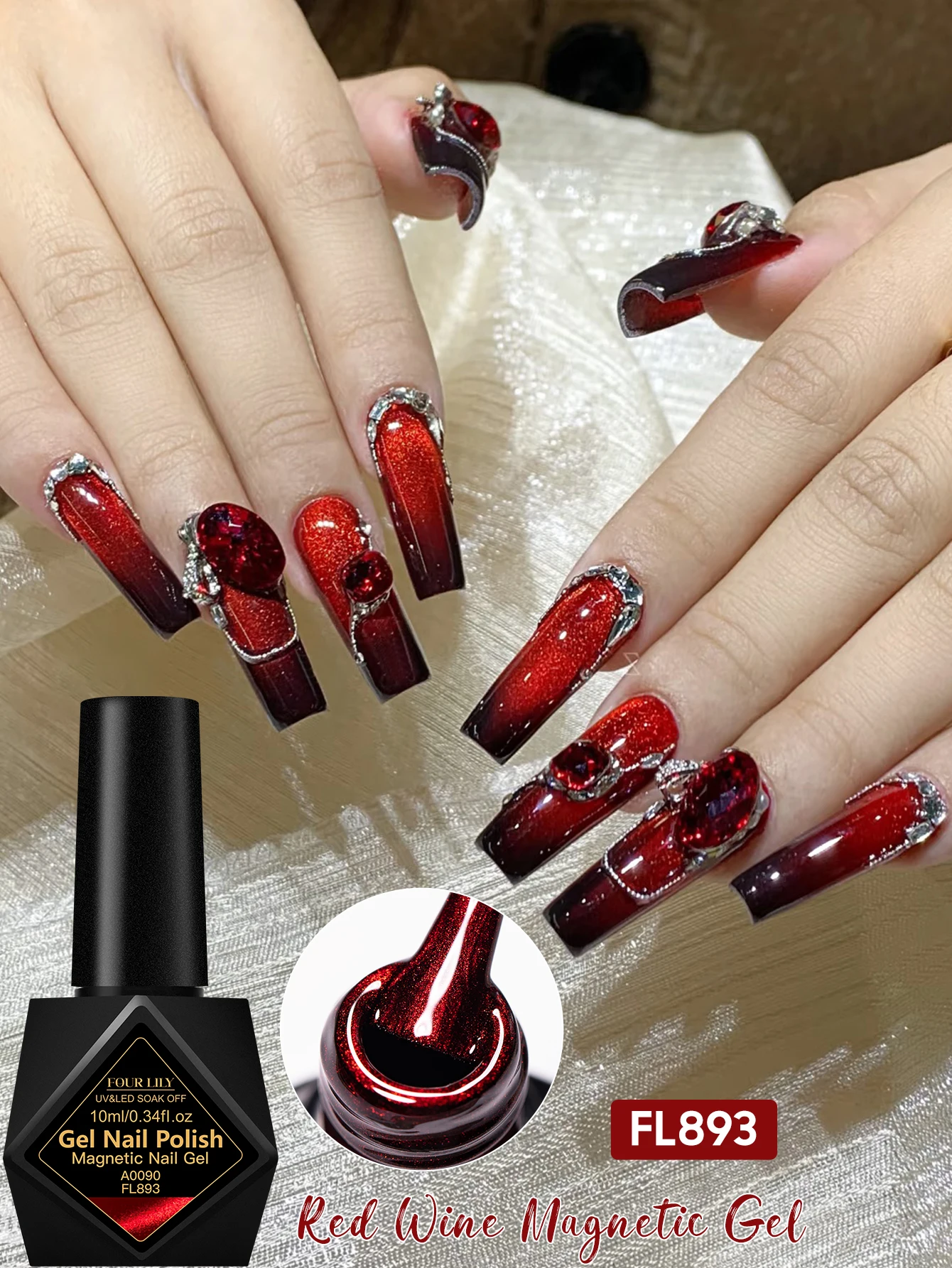 10ml FOUR LILY Czerwone Wino Magnetyczny Lakier Hybrydowy do Paznokci Brokatowy Półtrwały Długotrwały Błyszczący Zestaw do Manicure Bez HEMA/TPO