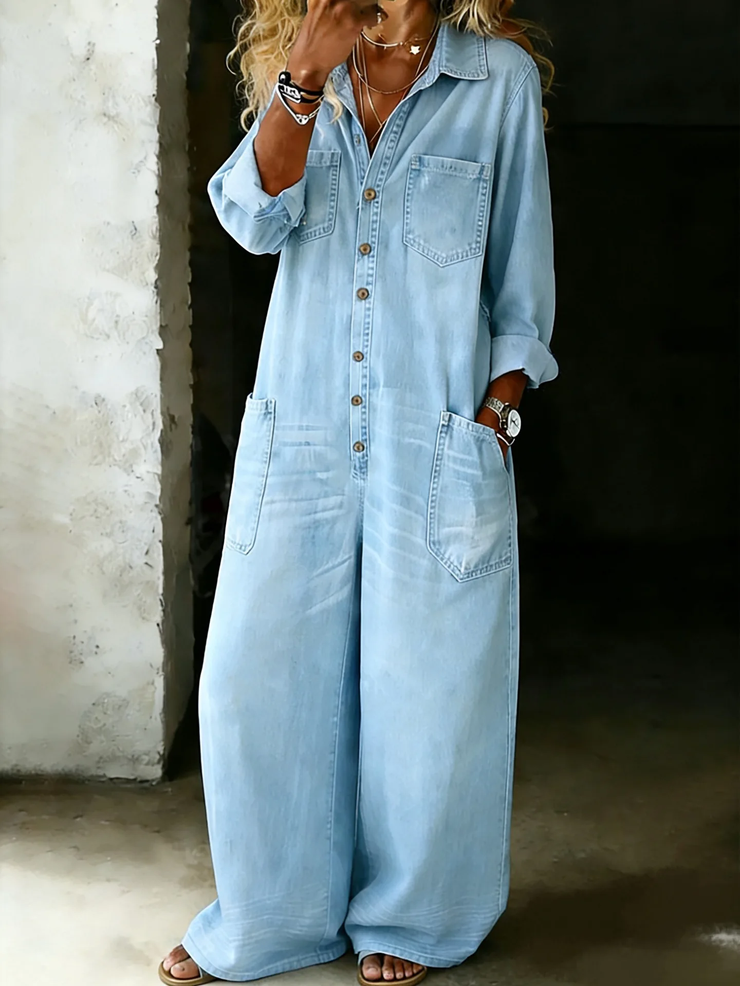 New Fashion Casual Long Sleeve Turn-down Collar Single Breasted Solid Color Loose Fit Pockets Vintage Wide Leg Denim Jumpsuit