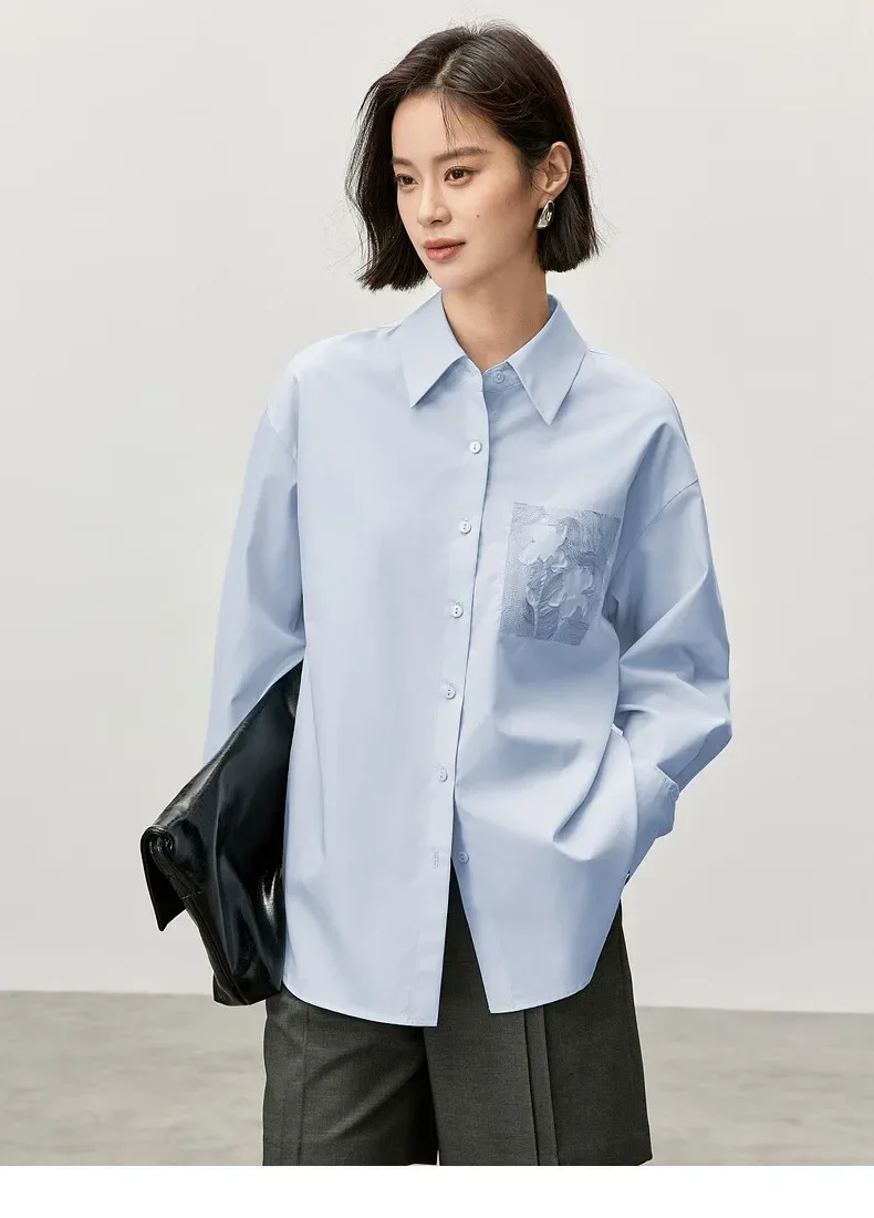 SENTUBILA Embroidery Cotton Women Shirt 2024 Autumn Loose Fit Turn Down Collar Drop Sleeve Simple Commute Blouse 143C56224