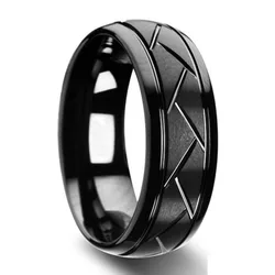 Fashion Men’s Silver Color Black Stainless Steel Ring Groove Multi-Faceted Ring For Men Women Engagement Ring Anniversary Gifts