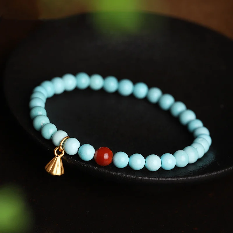 Turquoise Bracelet 5mm Round Bead Single Loop Diy Women's Stationery Buddhist South Red 14k Gold Wrapped Jewelry Simple