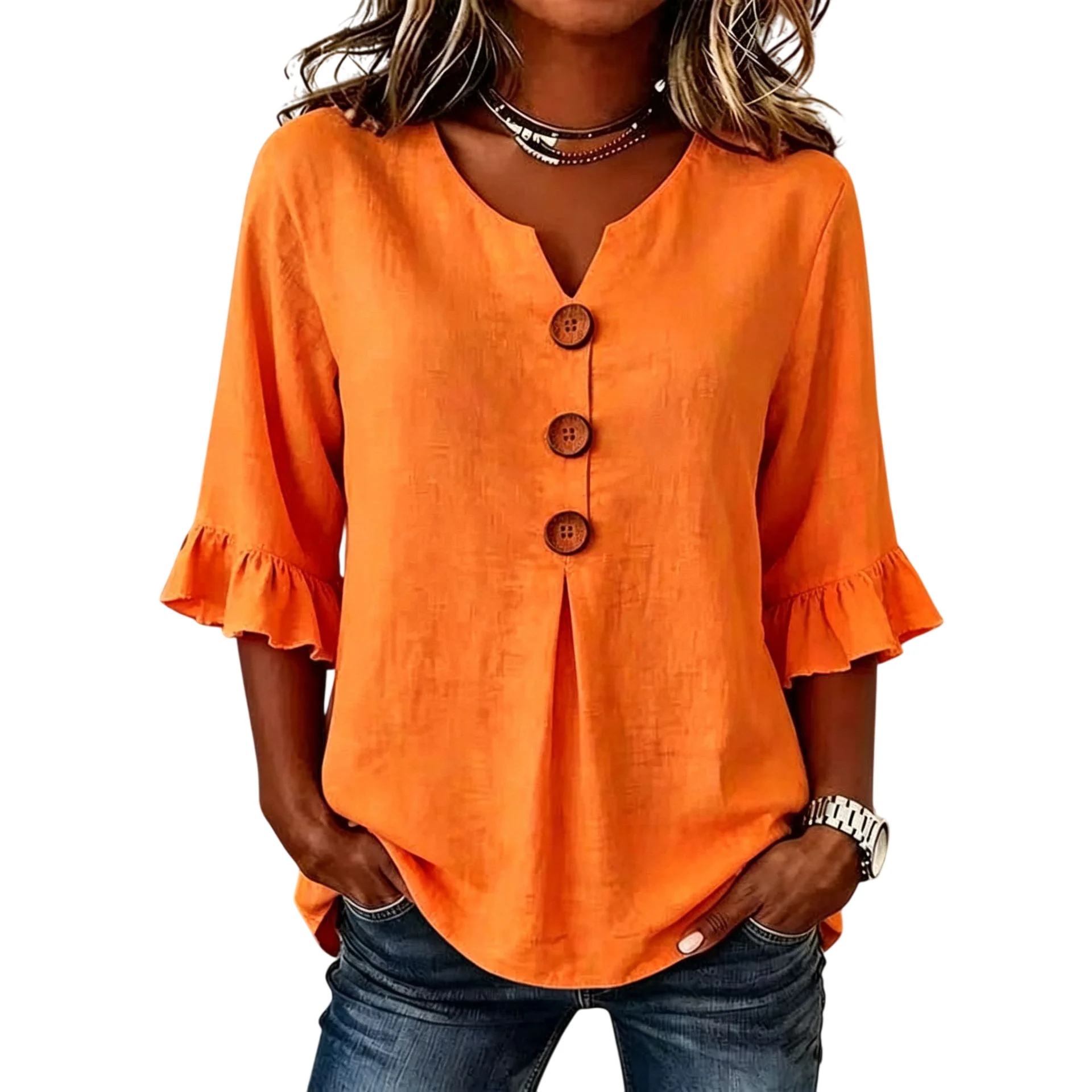 Breathable Women's Notch V Neck Blouse 3/4 Ruffle Sleeve Button Front Pleated Loose Casual Top for Daily Work Spring Summer Fall