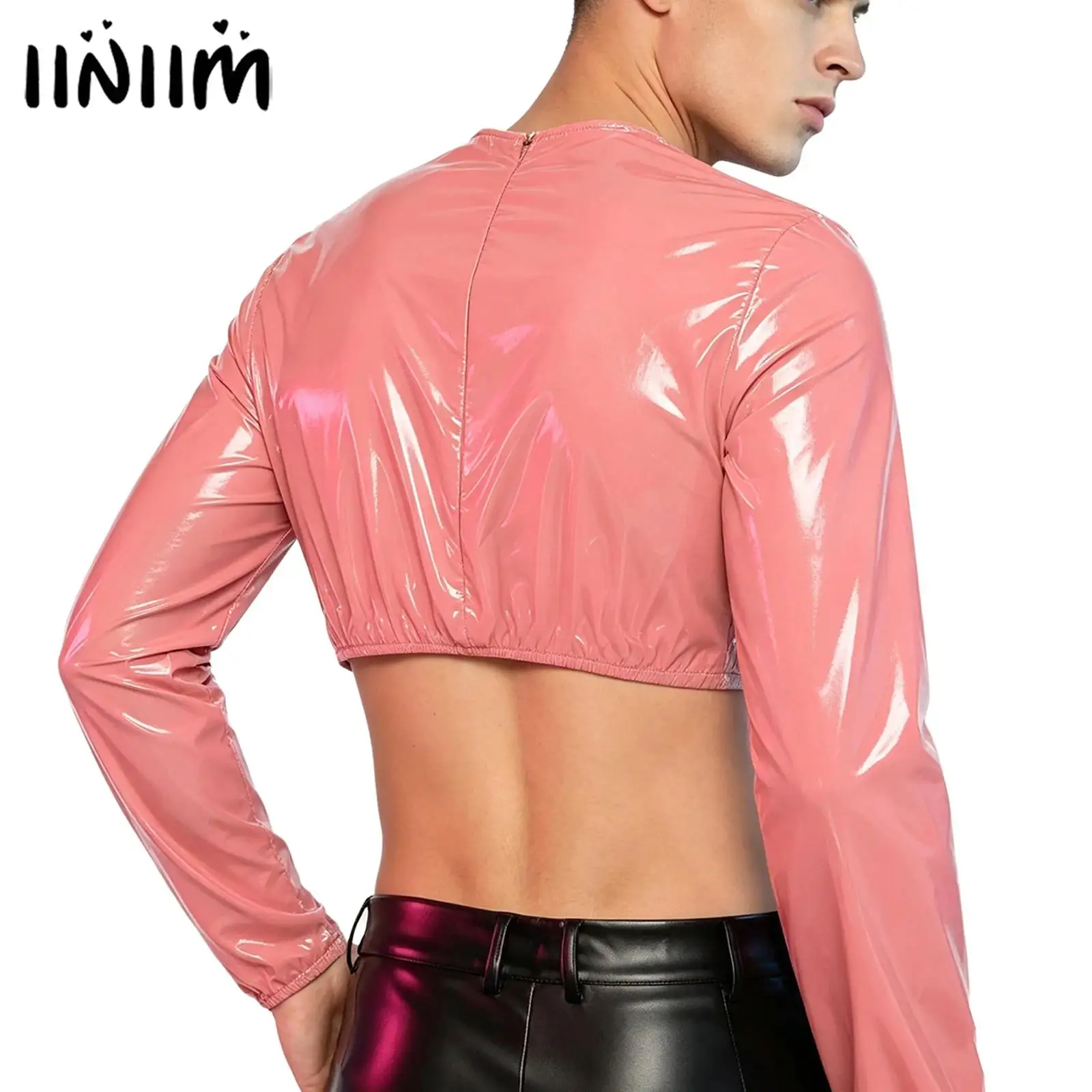 Male Glossy PU Leather Cropped Long Sleeve Top Shiny Waterproof Metallic O‑Neck Midriff Shirt Shiny Crop Top Carnival Clubwear