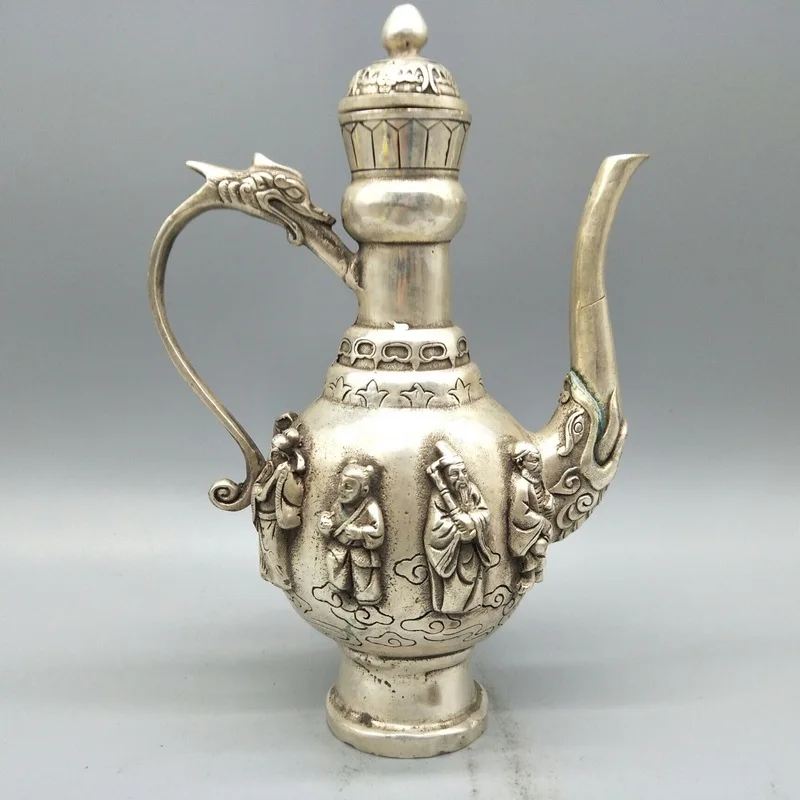 Antique miscellaneous crafts: white Eight Immortals ornament, silver-plated copper teapot decoration